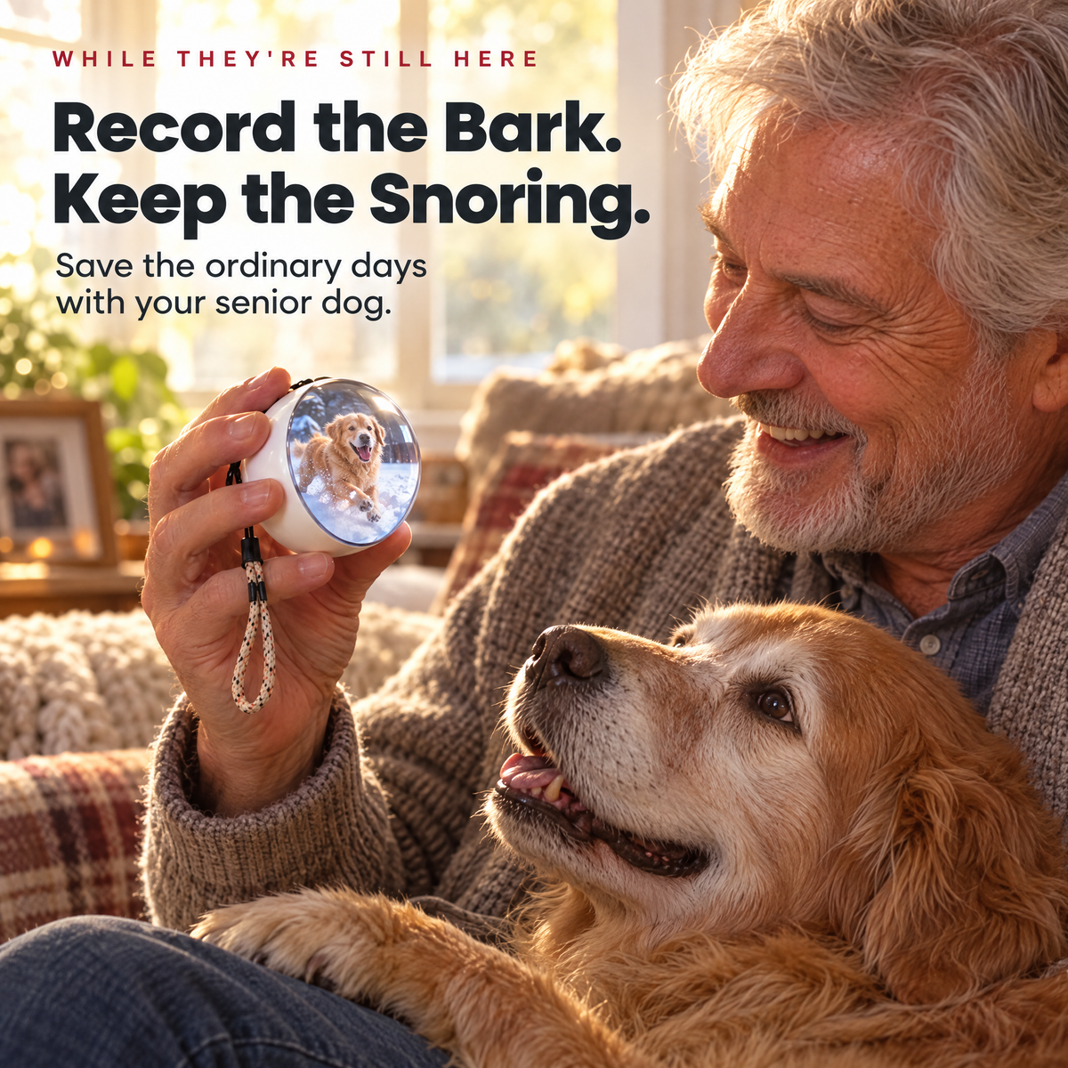 While they're still here: a man with his senior dog holding the globe