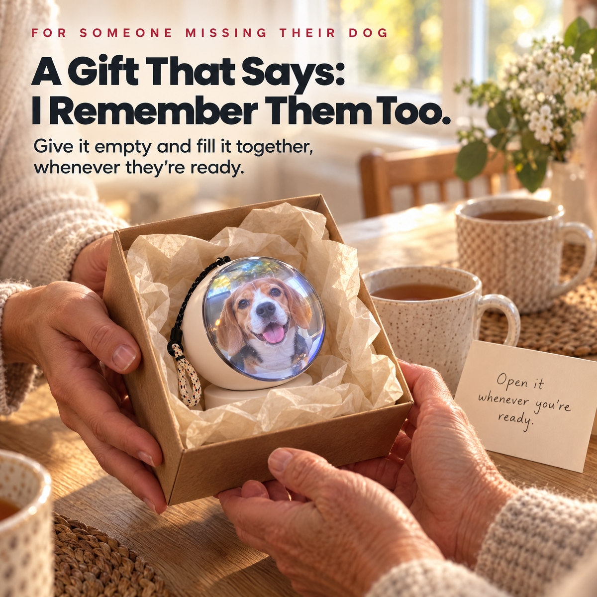 A gift for someone missing their dog, with a card: open it whenever you're ready