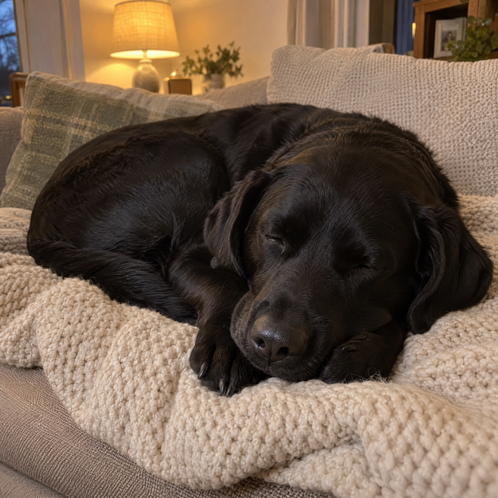 Black labrador asleep on the sofa