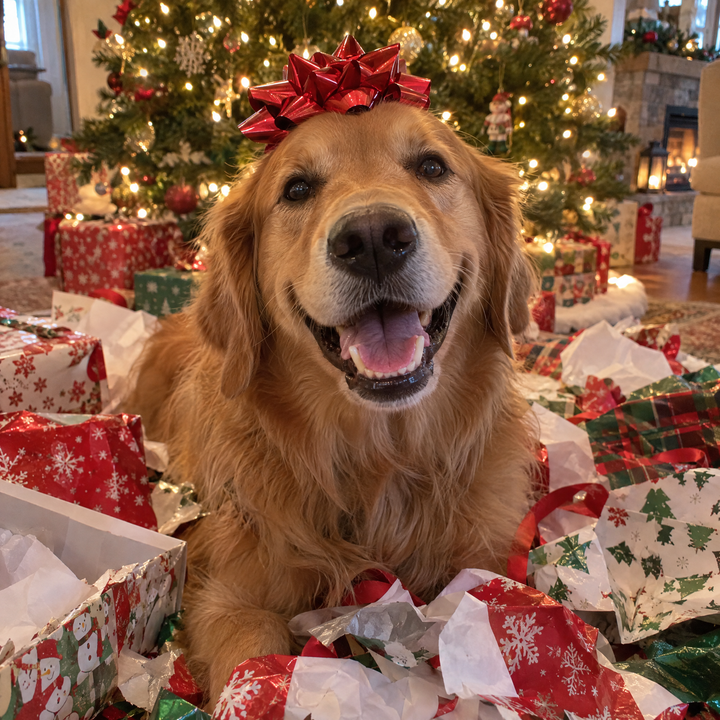 Golden retriever in Christmas wrapping paper