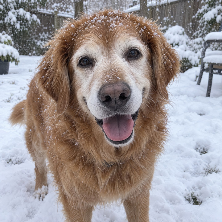 Senior golden dog in the snow